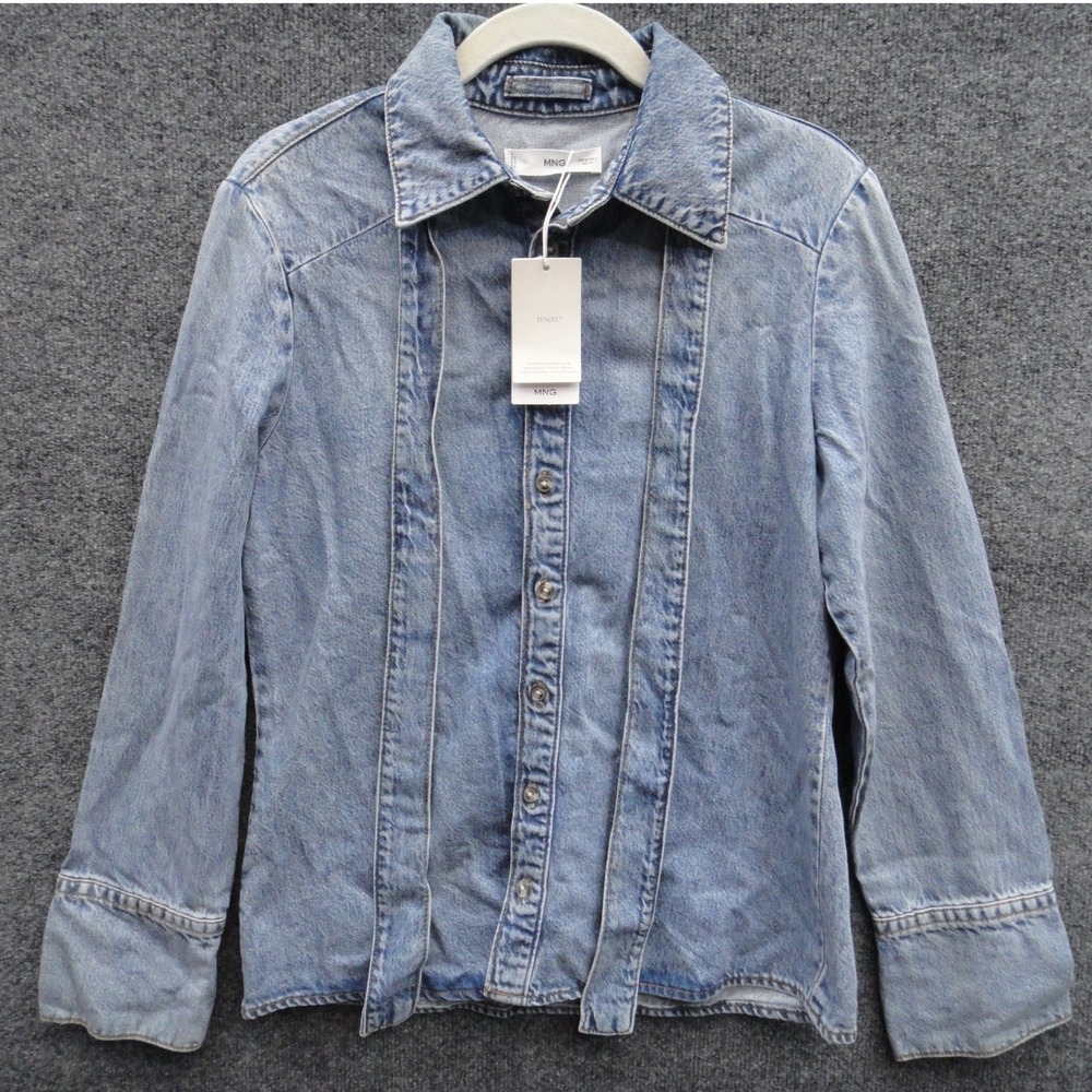 Mango MNG Womens Tencel Denim Shirt Light Blue Paneled Button Down Blouse Size M
